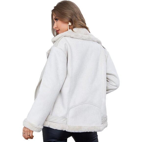 Women Beige Faux Shearling Moto Jacket Thick Lined Winter Leather Coat - Picture 5 of 5